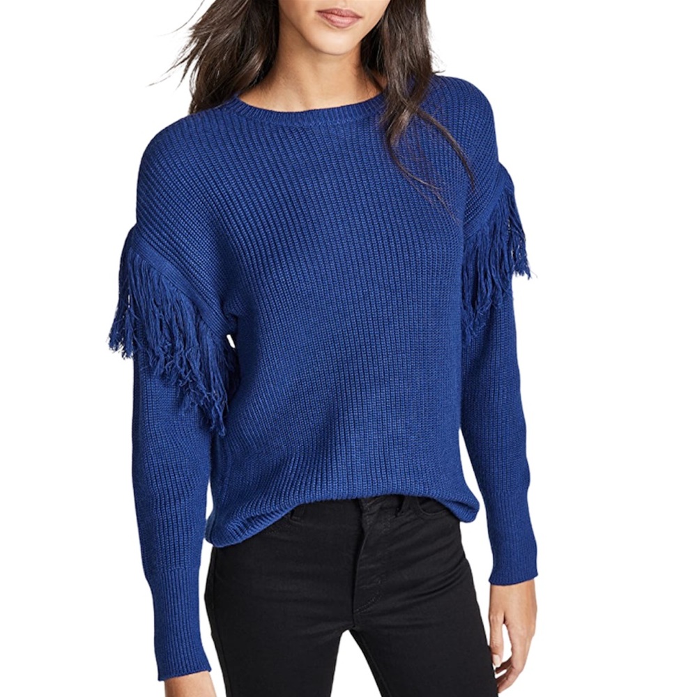 Ramy Brook Erin Fringe Sleeve Knit Sweater Navy S